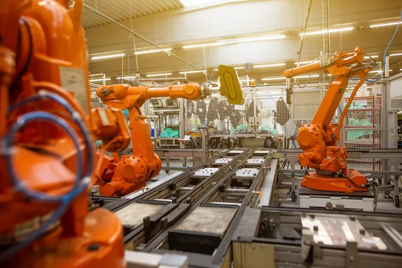 Brazos robóticos en una línea de ensamblaje automatizada